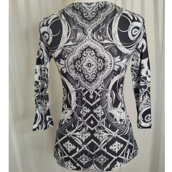 Style & Co petite embellished scroll shirt bling Henley 3/4 sleeve Small PS - Picture 2 of 8